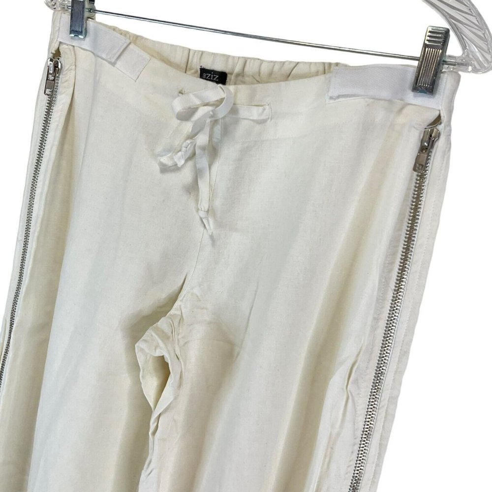 Aziz Pants Women's 33" Ivory Drawstring Front Side Zipper Heavy Linen Blend Nwot - Picture 4 of 13